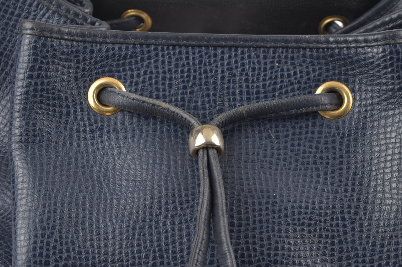 Vintage Navy Grained Leather Drawstring Bucket Bag GHW