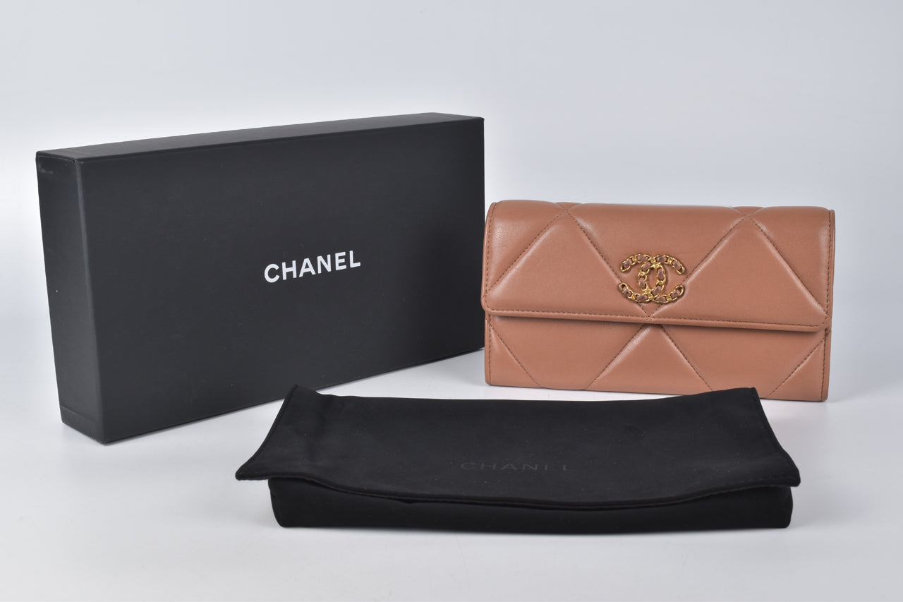 Chanel 19 Flap Wallet Quilted Lambskin Long Caramel GHW