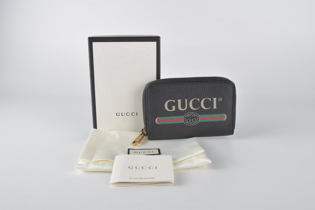 496319 Black Leather Gucci Print Card Case