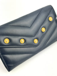 Lambskin Chevron Quilted Medallion Gusset Wallet Black