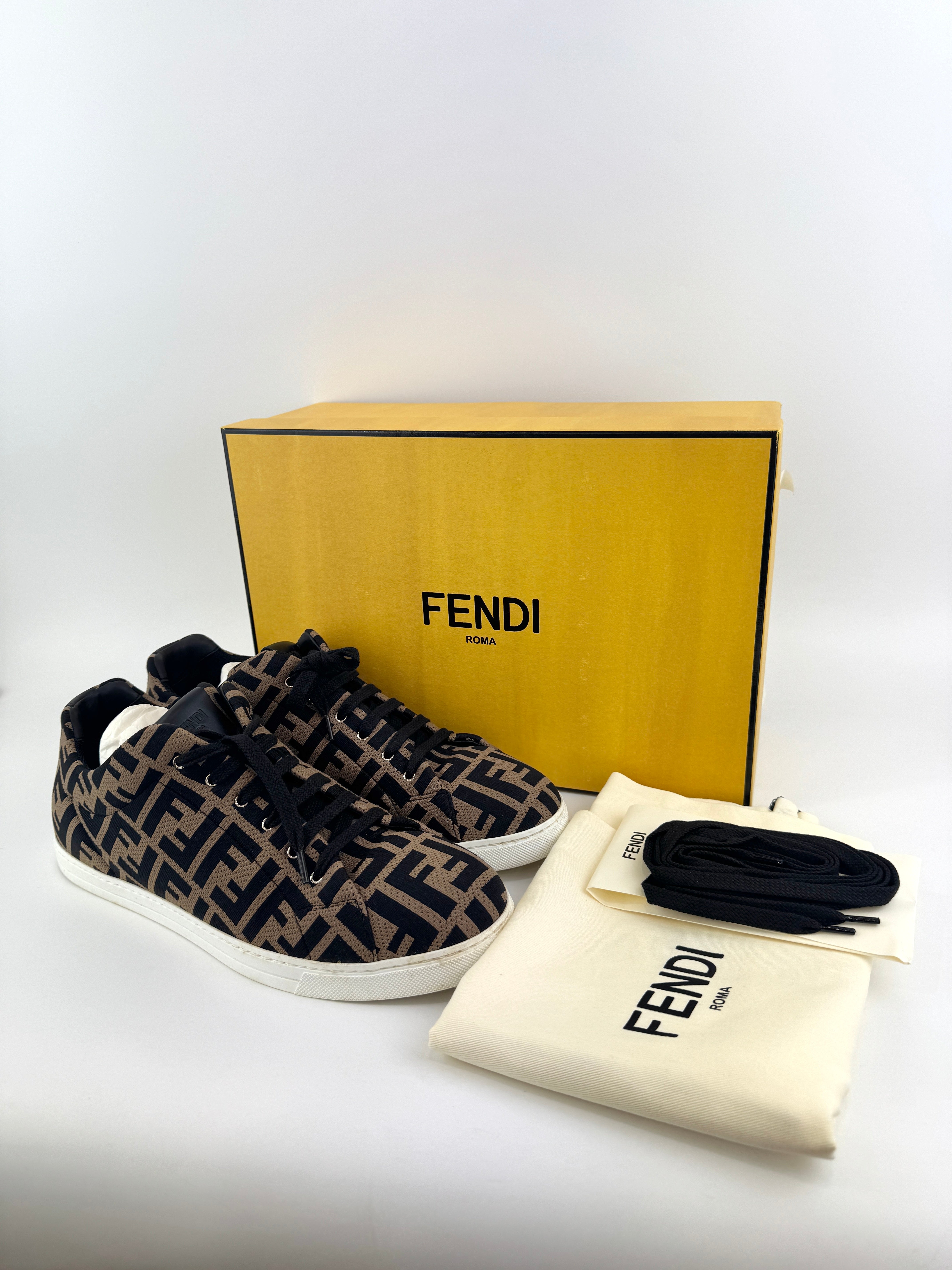Fendi FF Motif Lace-Up Low Sneaker Almond Black Size US 9 | Glampot