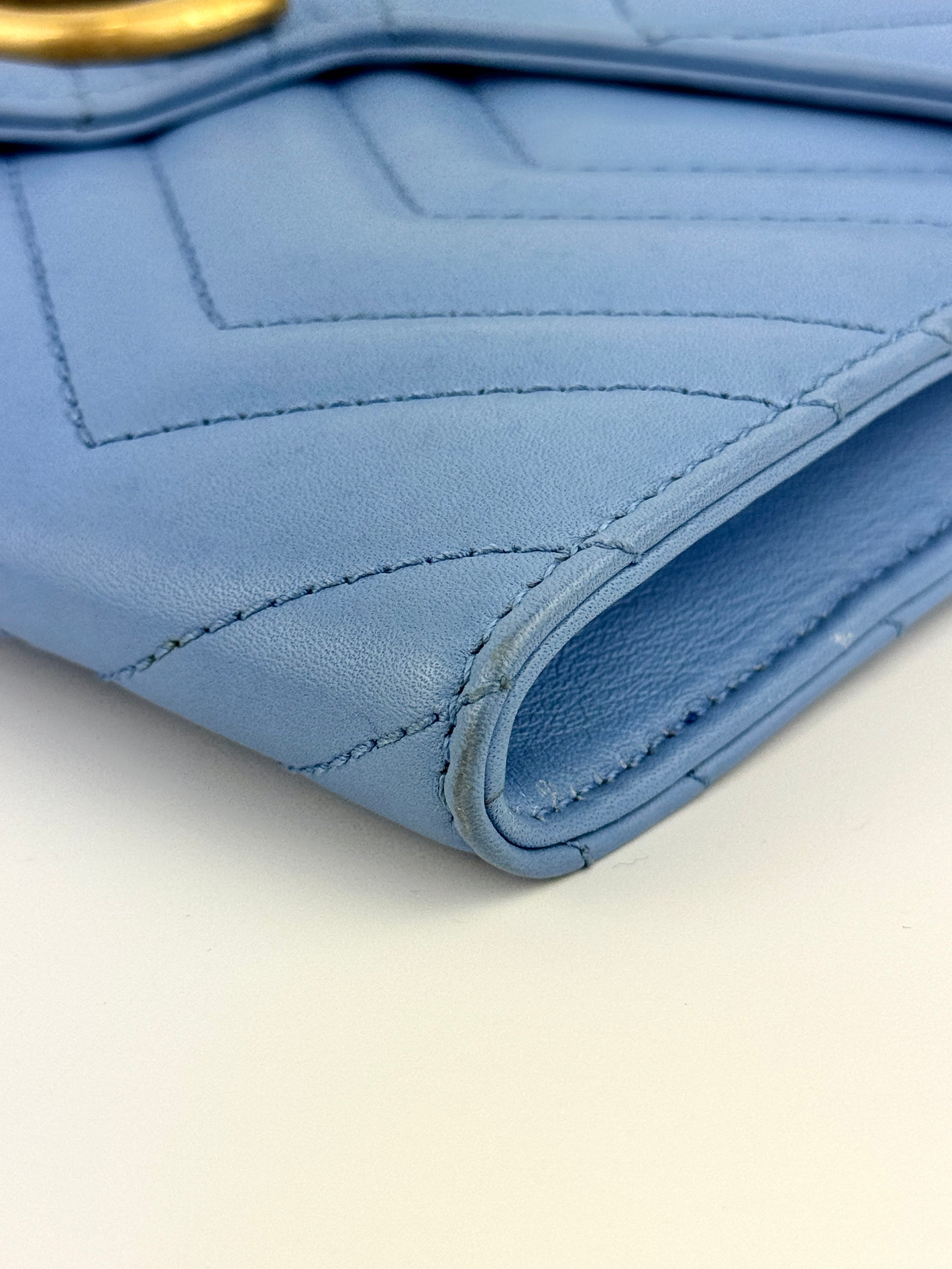 GG Marmont Matelasse Leather Chain Wallet in Light Blue - Glampot