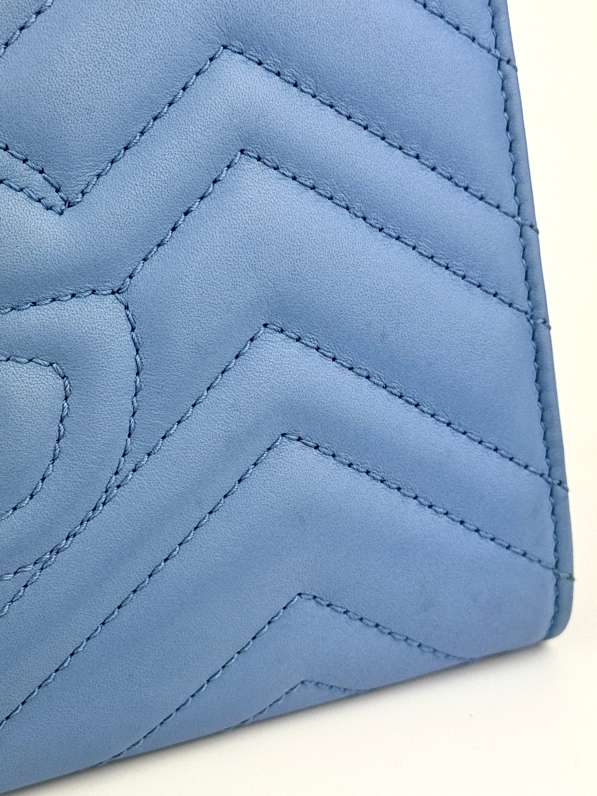 GG Marmont Matelasse Leather Chain Wallet in Light Blue - Glampot
