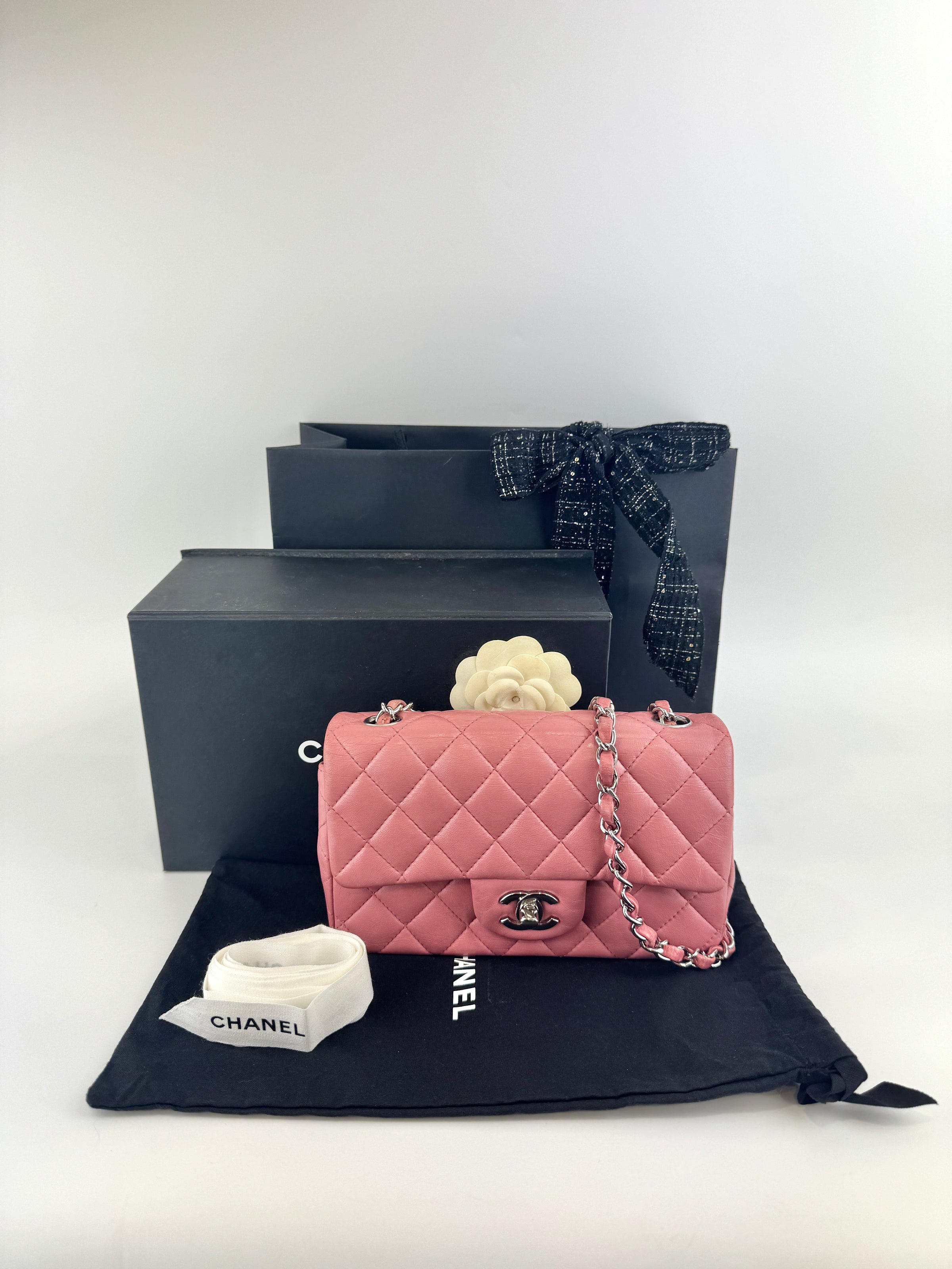 A69900 Pink Mini Classic Rectangular Quilted Lambskin Flap Bag in SHW