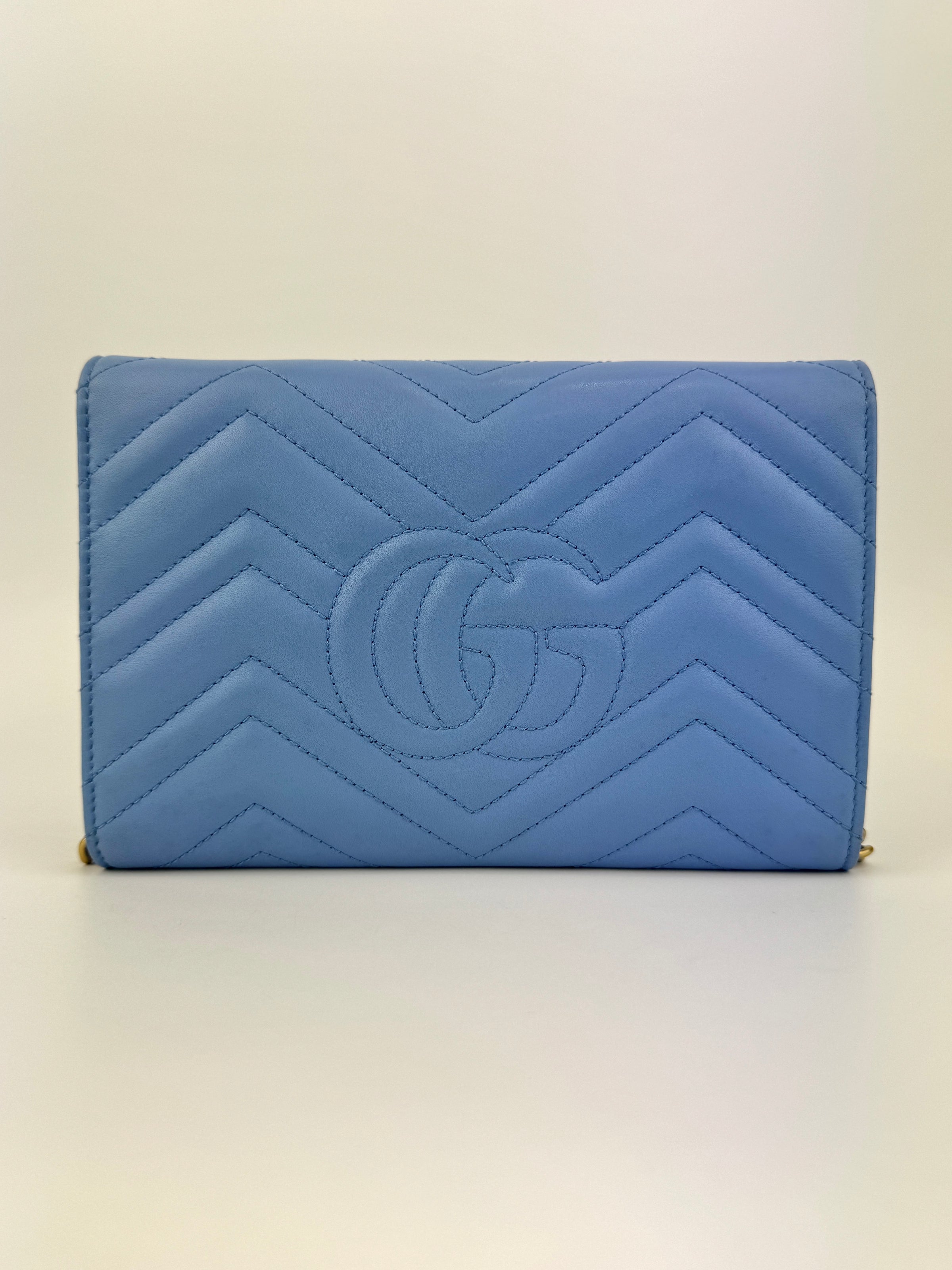 GG Marmont Matelasse Leather Chain Wallet in Light Blue - Glampot