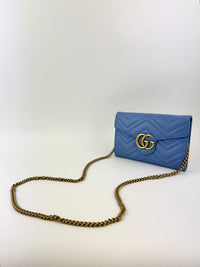 GG Marmont Matelasse Leather Chain Wallet in Light Blue - Glampot