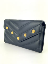 Lambskin Chevron Quilted Medallion Gusset Wallet Black