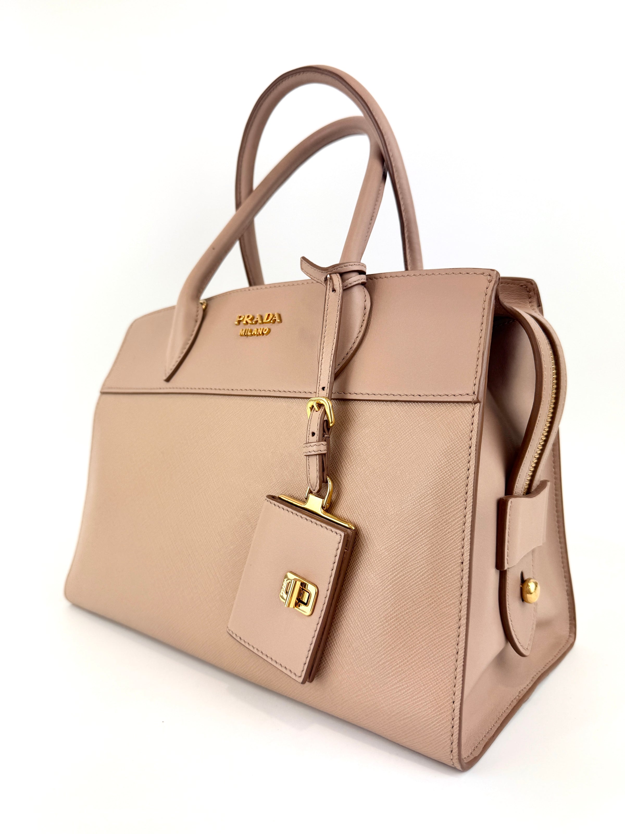 1BA046 Saffiano City Calf Esplanade Beige Medium Tote - Glampot