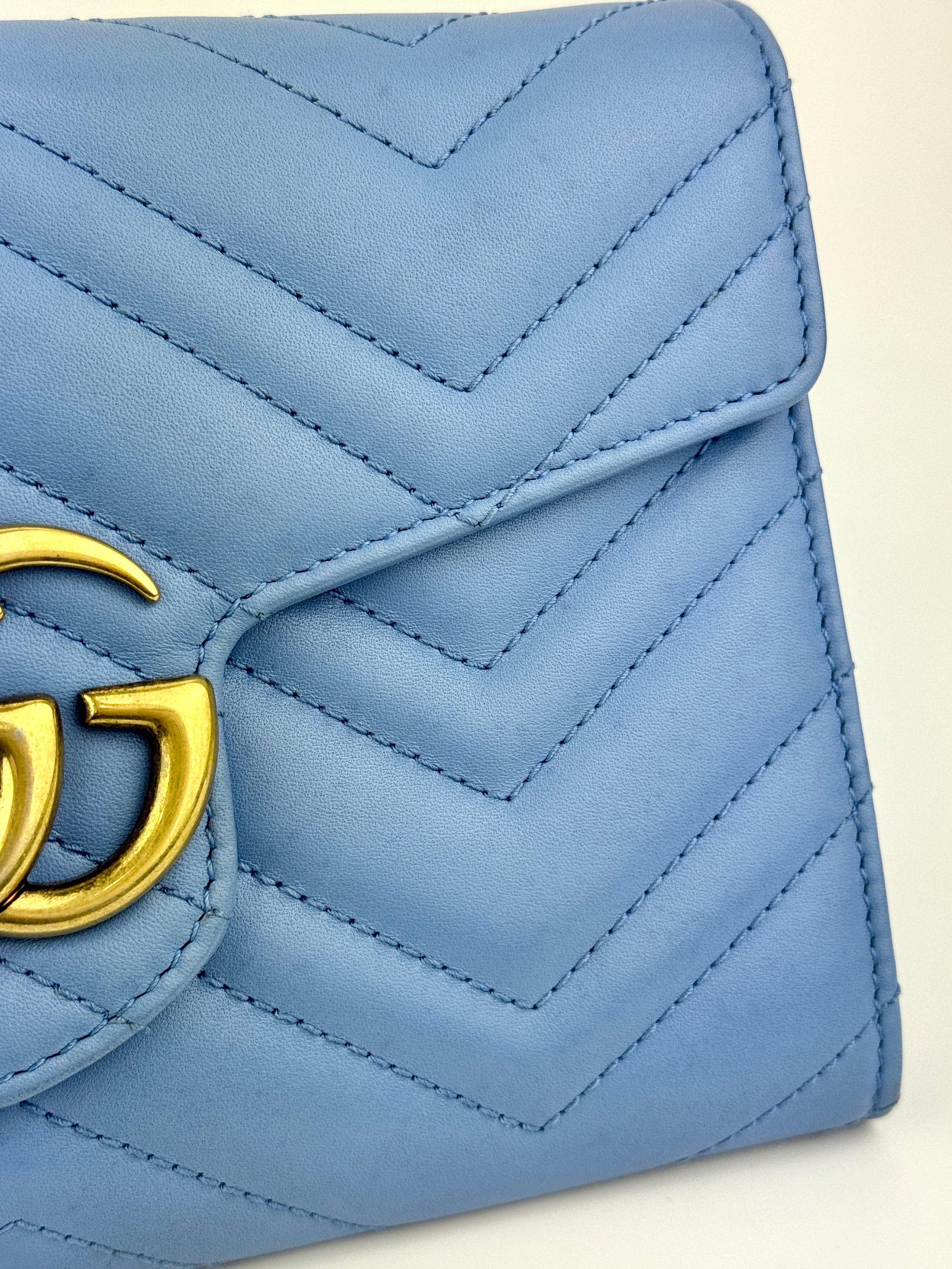 GG Marmont Matelasse Leather Chain Wallet in Light Blue - Glampot
