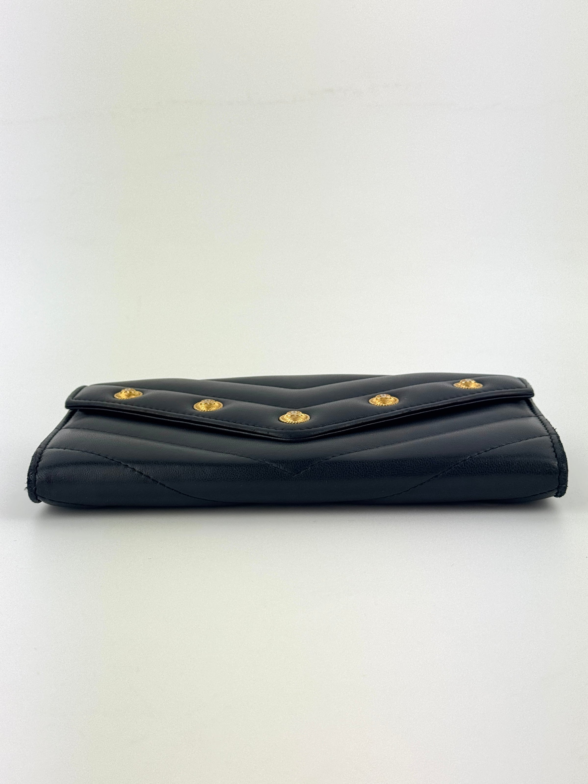Lambskin Chevron Quilted Medallion Gusset Wallet Black