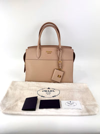 1BA046 Saffiano City Calf Esplanade Beige Medium Tote - Glampot