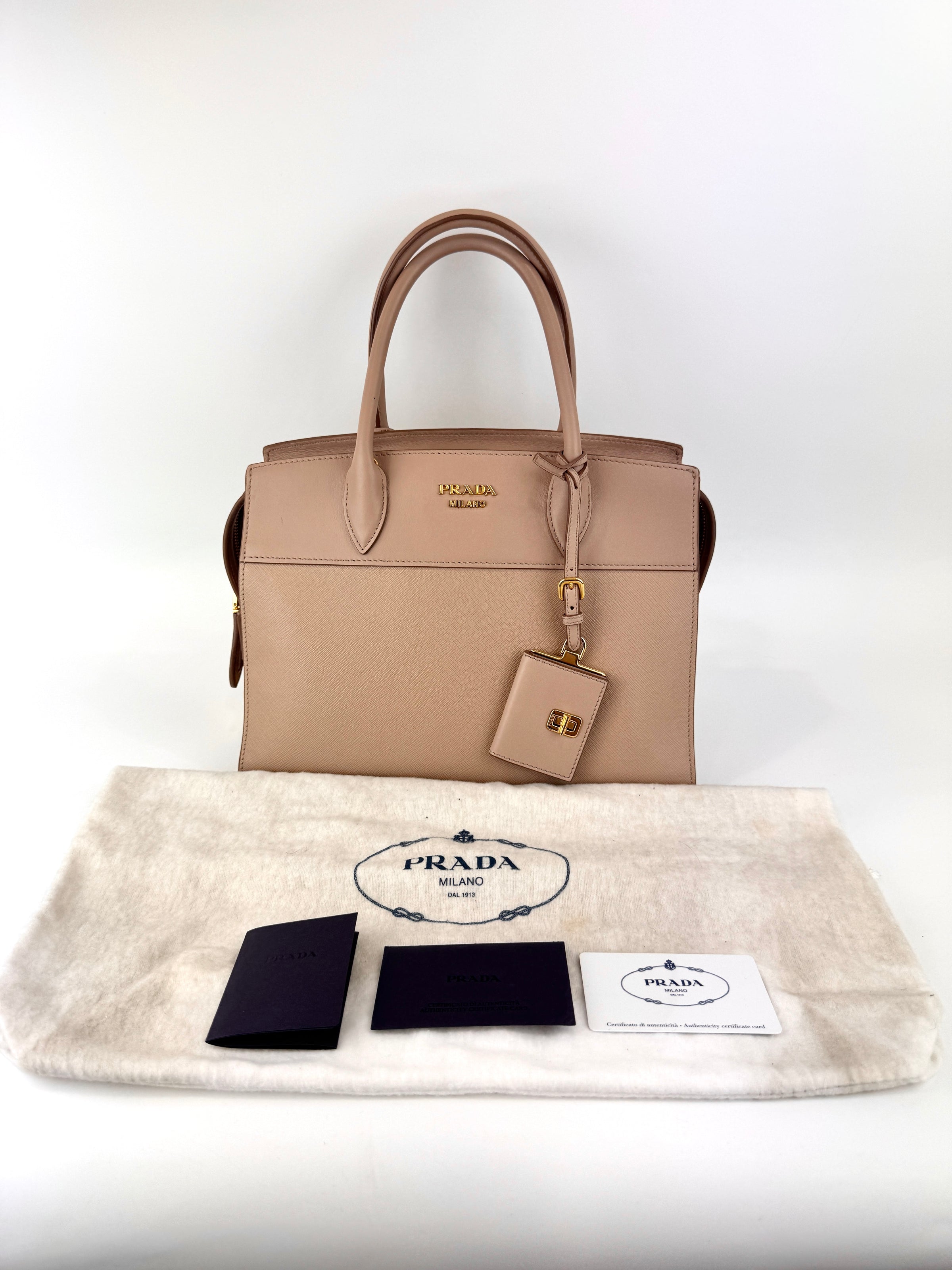1BA046 Saffiano City Calf Esplanade Beige Medium Tote - Glampot