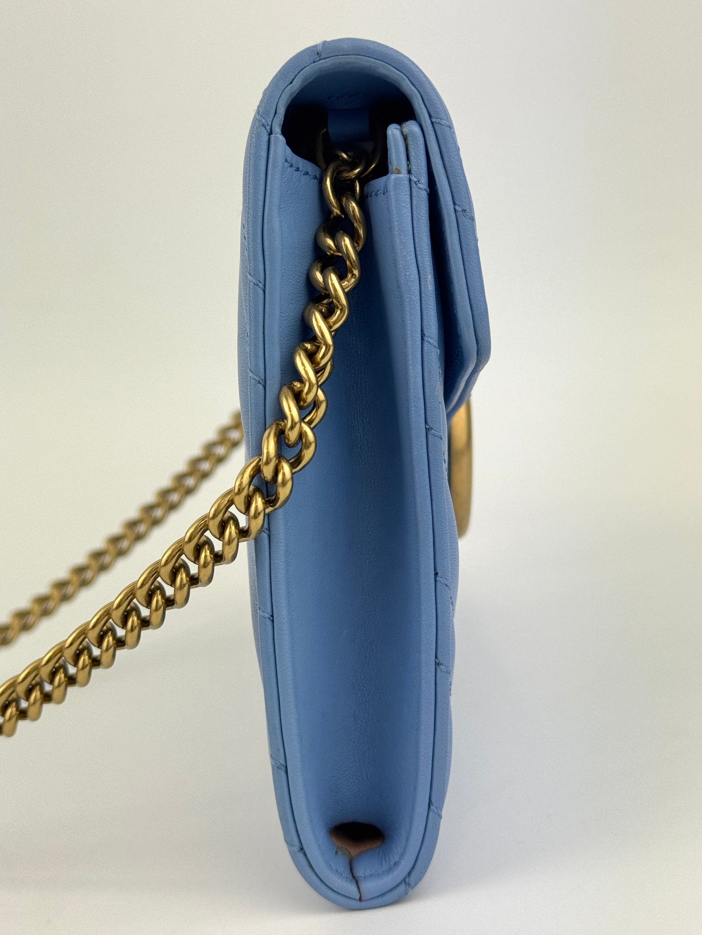 GG Marmont Matelasse Leather Chain Wallet in Light Blue - Glampot