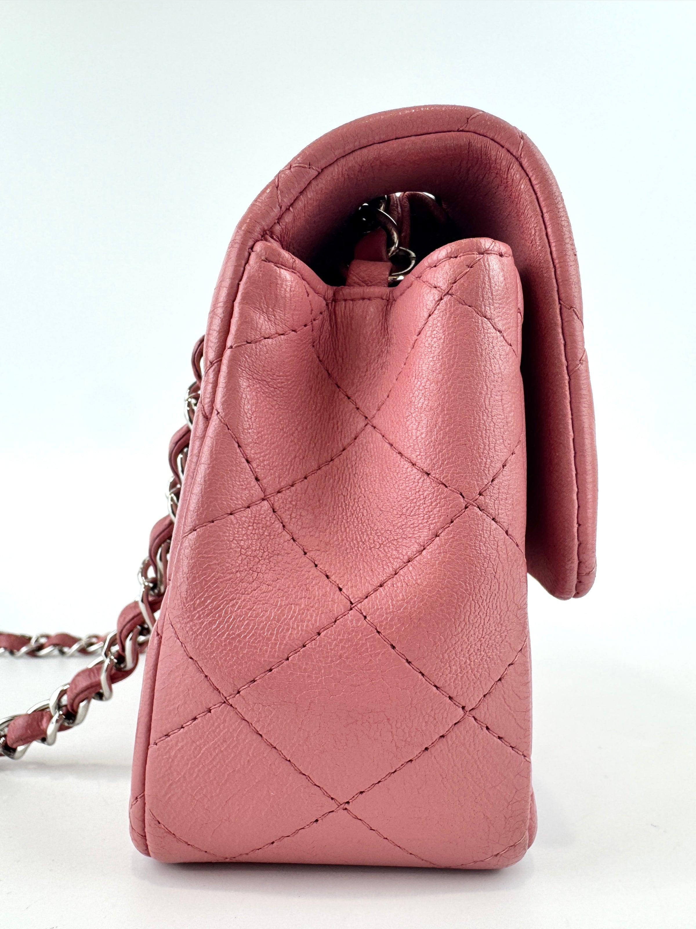 A69900 Pink Mini Classic Rectangular Quilted Lambskin Flap Bag in SHW
