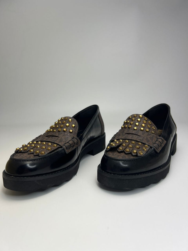 Alberta Studded Leather Loafers in Black/Brown