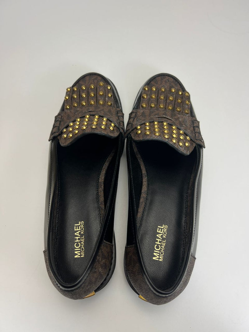 Alberta Studded Leather Loafers in Black/Brown