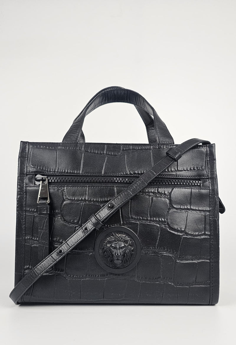 Lion Head Leather Tote in Black