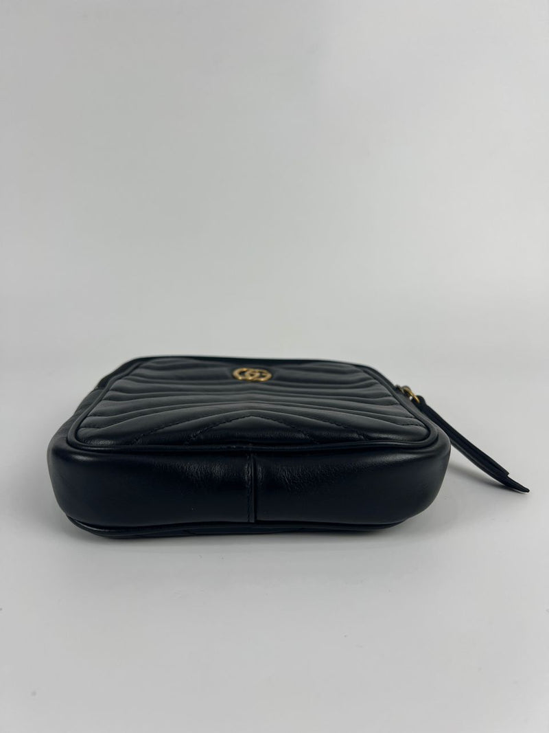 GG Marmont Tranputa Double Belt Bag In Black Chevron Leather 523363