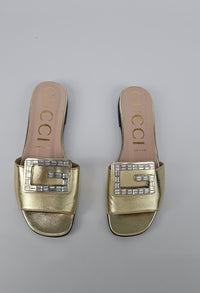 578198 Gold Metallic Nappa Crystal Square G Madelyn Slide Sandals