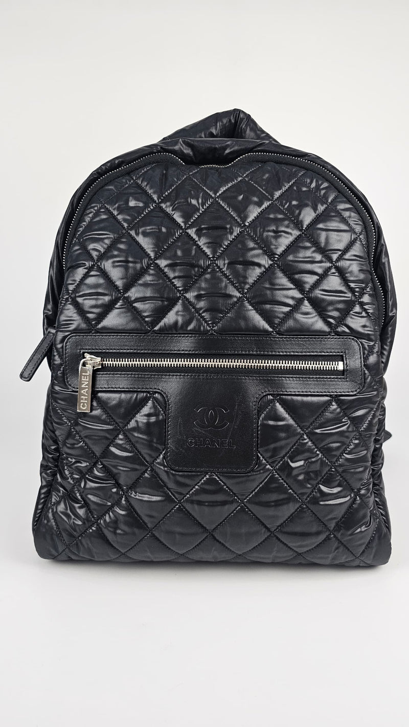 Coco Cocoon Backpack in Black Quilted Nylon and Leather SHW