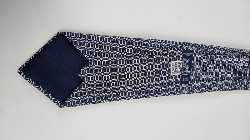 H Navy Blue Printed Silk Necktie