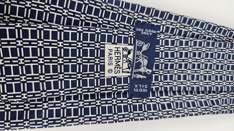 H Navy Blue Printed Silk Necktie