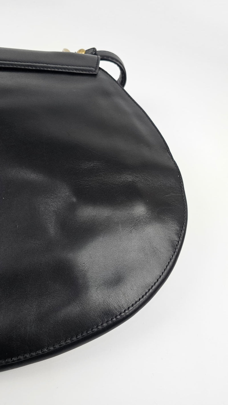 Vintage Round Black Leather Top Handle Bag GHW