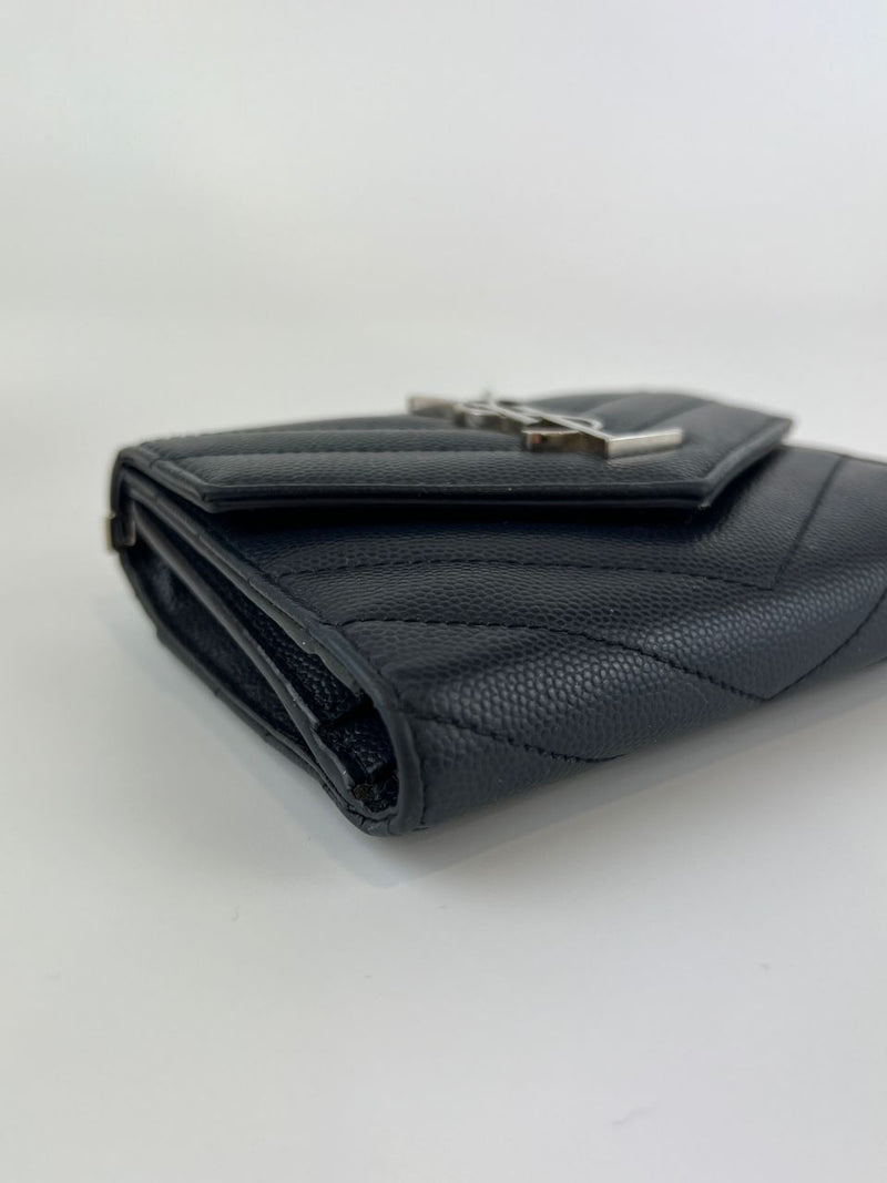 Cassandre Mattelasse Compact Tri-fold Wallet in Black Grain de Poudre Leather SHW