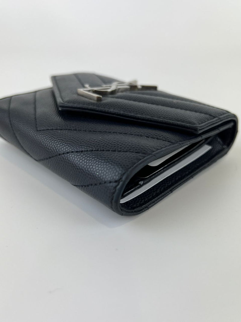 Cassandre Mattelasse Compact Tri-fold Wallet in Black Grain de Poudre Leather SHW