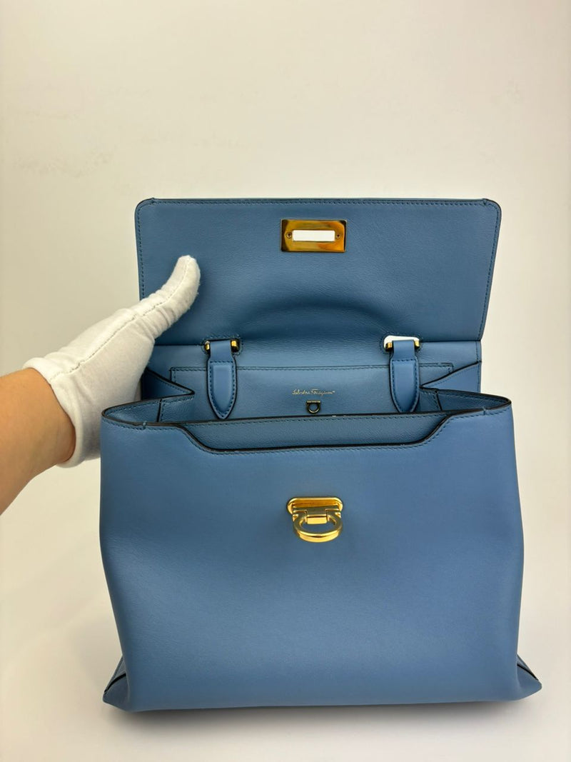 Blue Trifolio Top Handle Bag