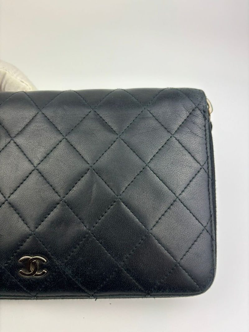 Large Zip Around Organizer Wallet in Black Quilted Lambskin