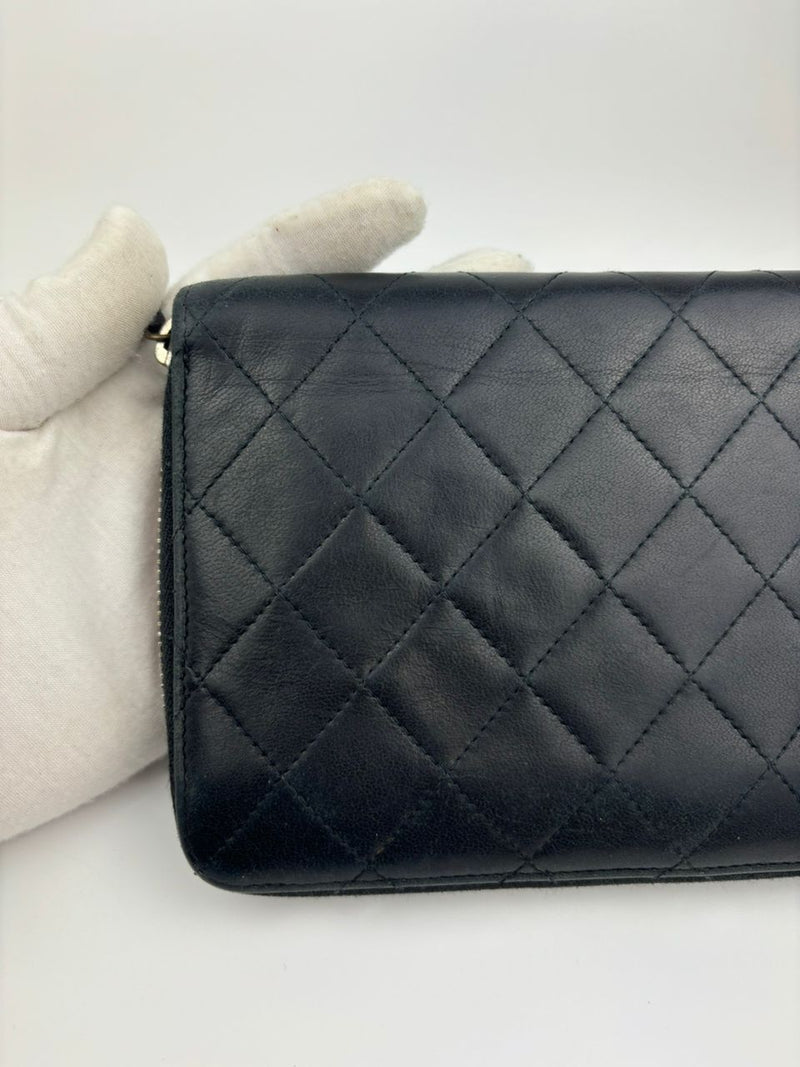 Large Zip Around Organizer Wallet in Black Quilted Lambskin