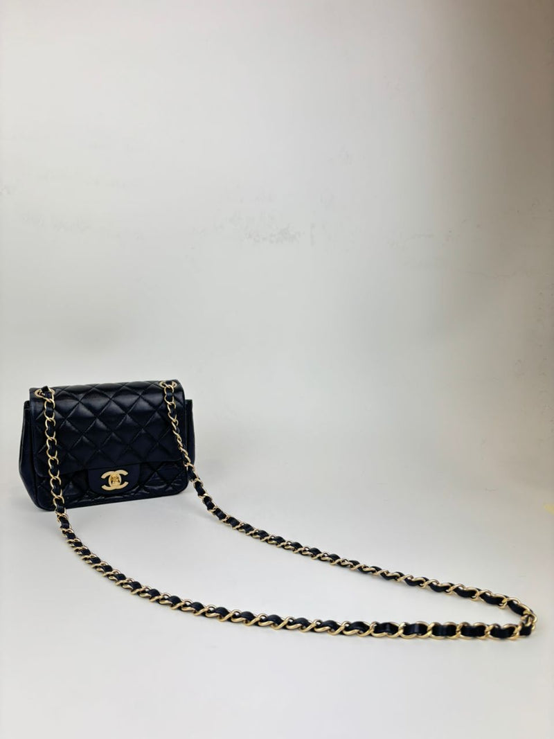 Classic Mini Square Flap in Navy Lambskin GHW