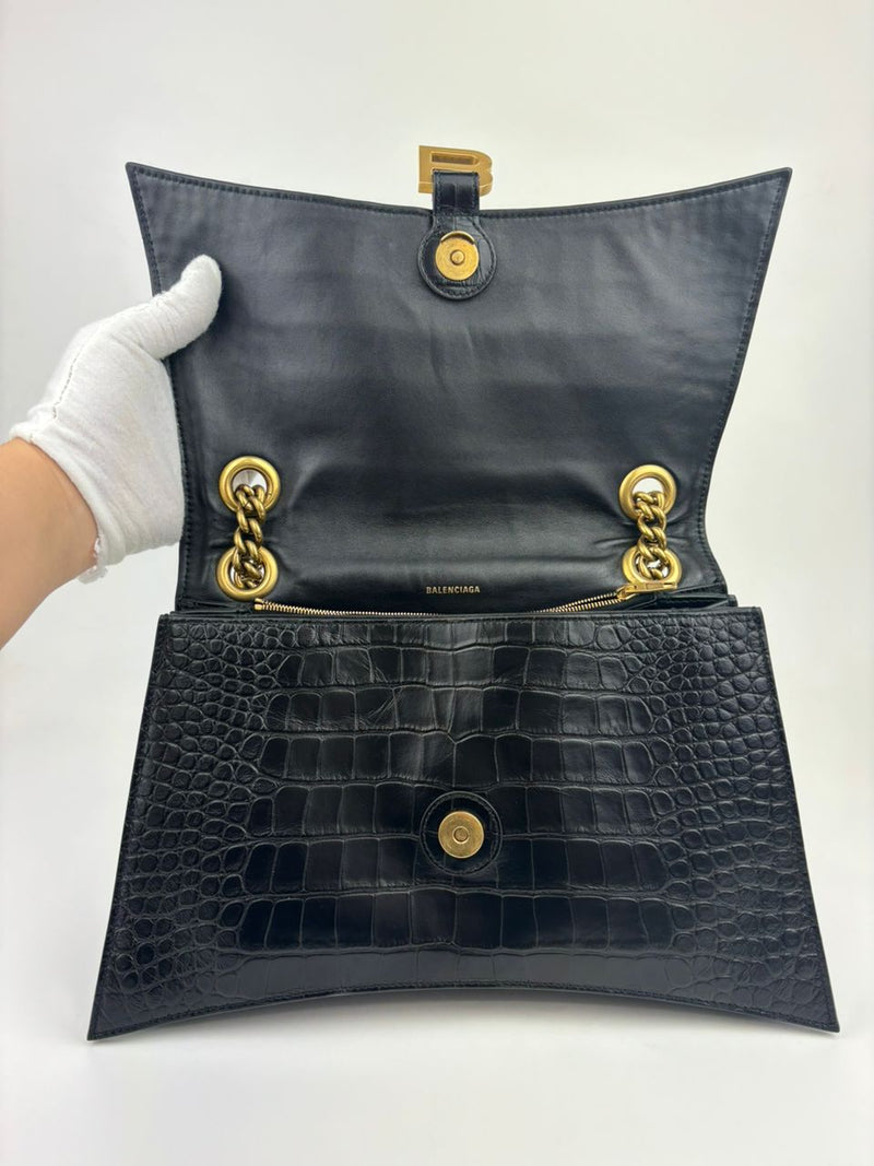 Crush Medium Chain Bag in Black Croc Embossed