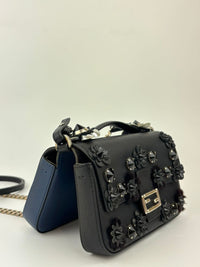 Double Micro Baguette Bag in Black/Roman Blue Flowerland Leather&nbsp;