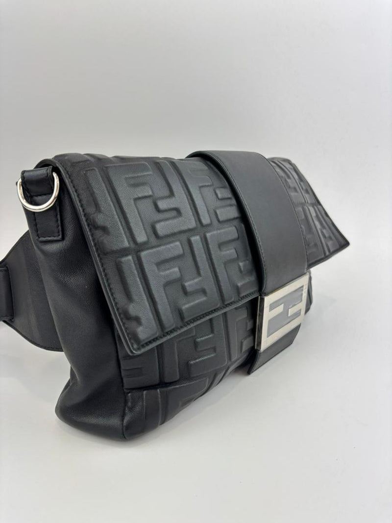 Large Zucca Embossed Baguette Convertible Belt Bag Black Nappa