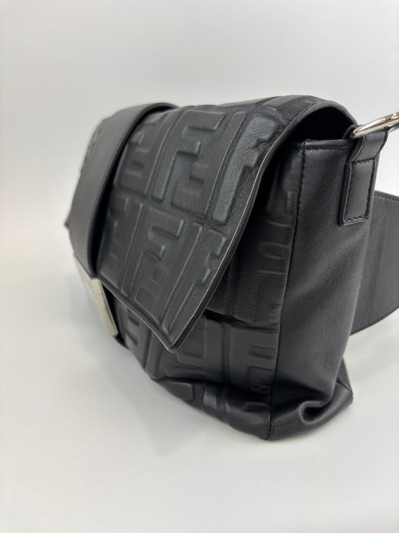 Large Zucca Embossed Baguette Convertible Belt Bag Black Nappa