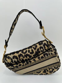 Medium Saddle Black / Cream Leopard Print Canvas Embroidered Saddle Bag