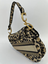 Medium Saddle Black / Cream Leopard Print Canvas Embroidered Saddle Bag