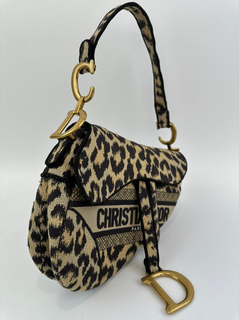 Medium Saddle Black / Cream Leopard Print Canvas Embroidered Saddle Bag