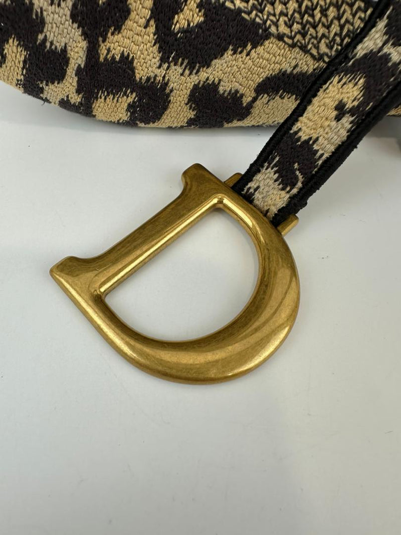 Medium Saddle Black / Cream Leopard Print Canvas Embroidered Saddle Bag