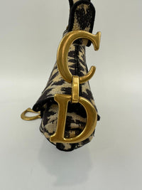 Medium Saddle Black / Cream Leopard Print Canvas Embroidered Saddle Bag