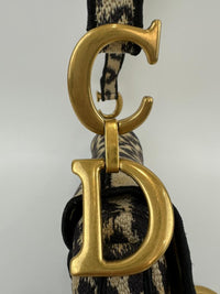 Medium Saddle Black / Cream Leopard Print Canvas Embroidered Saddle Bag