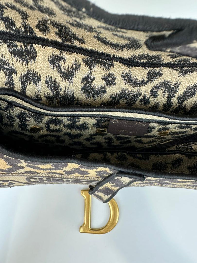 Medium Saddle Black / Cream Leopard Print Canvas Embroidered Saddle Bag