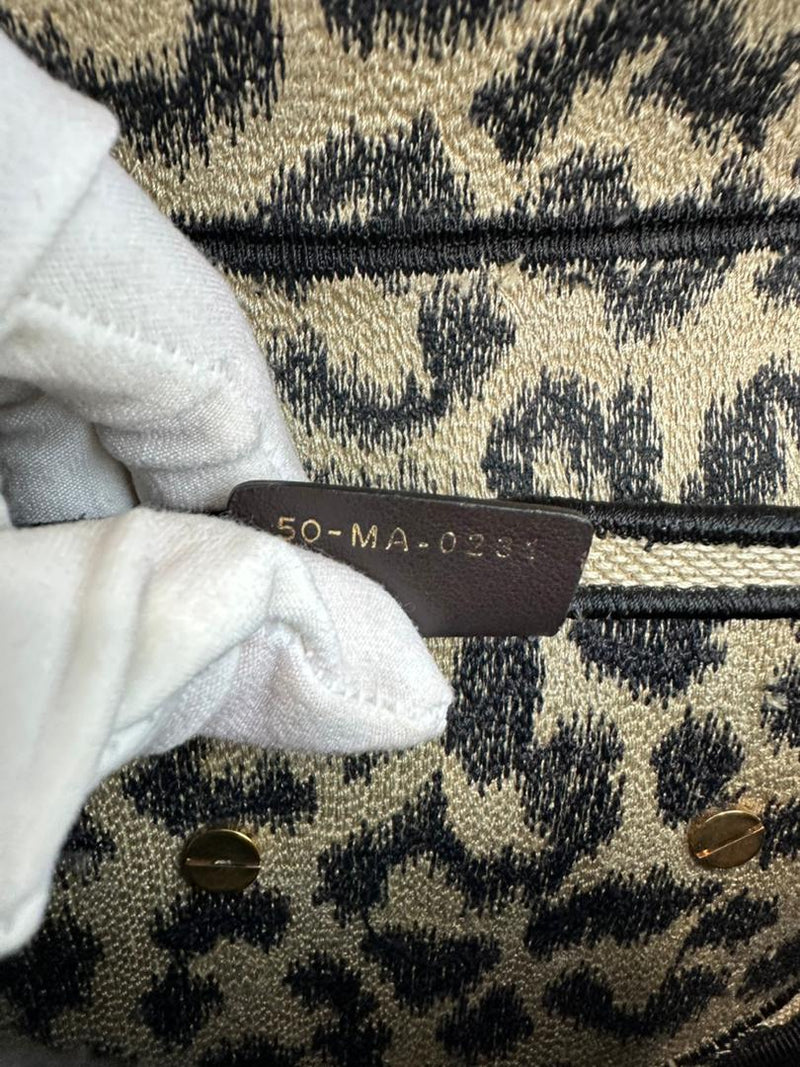 Medium Saddle Black / Cream Leopard Print Canvas Embroidered Saddle Bag