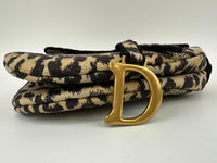 Medium Saddle Black / Cream Leopard Print Canvas Embroidered Saddle Bag