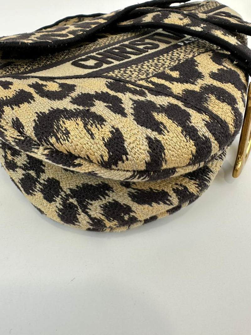 Medium Saddle Black / Cream Leopard Print Canvas Embroidered Saddle Bag