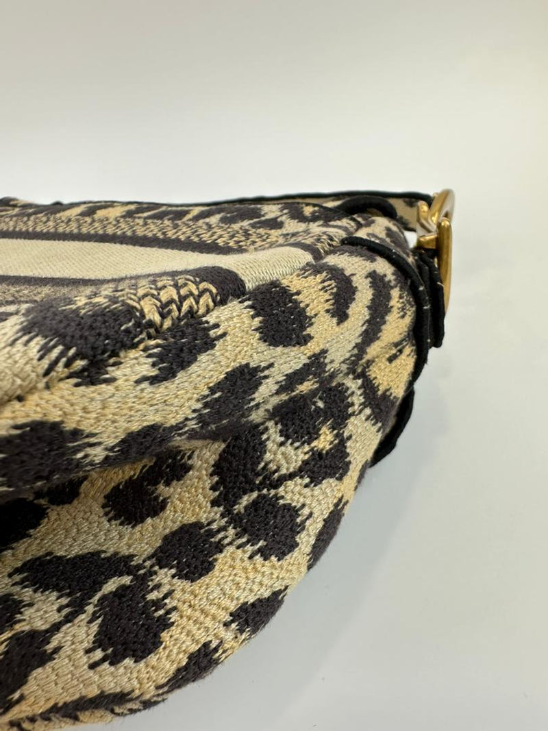 Medium Saddle Black / Cream Leopard Print Canvas Embroidered Saddle Bag