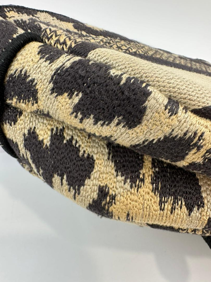 Medium Saddle Black / Cream Leopard Print Canvas Embroidered Saddle Bag