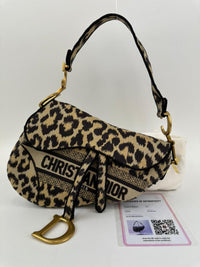 Medium Saddle Black / Cream Leopard Print Canvas Embroidered Saddle Bag